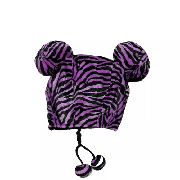 Virtis Purple Zebra Stripe Beanie Cap with Bear Ears and Pom Poms - Picture 2 of 4